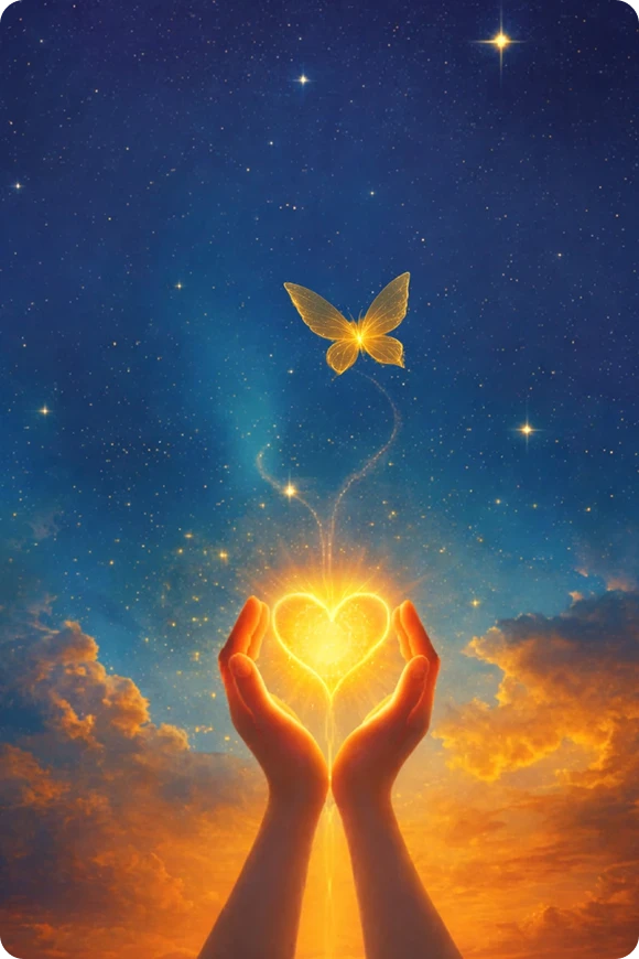 Hands holding glowing heart beneath butterfly.